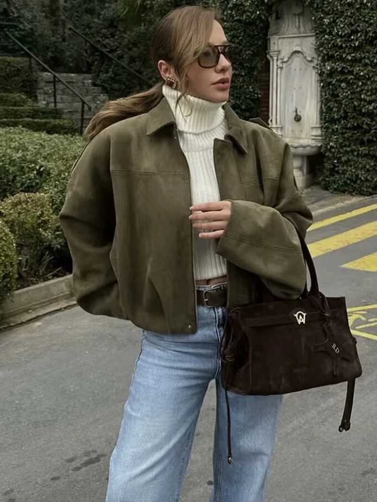 Vintage Brown Suede Jacket Women Fall Winter Casual Loose Bomber Coat Fashion Zipper Long Sleeve Cardigan Commuting Outerwear J251124