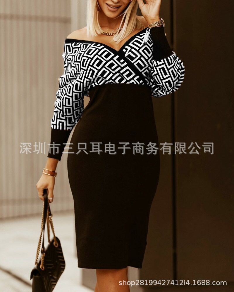 Aw2021 V-neck geometric print tight bag hip medium length dress women