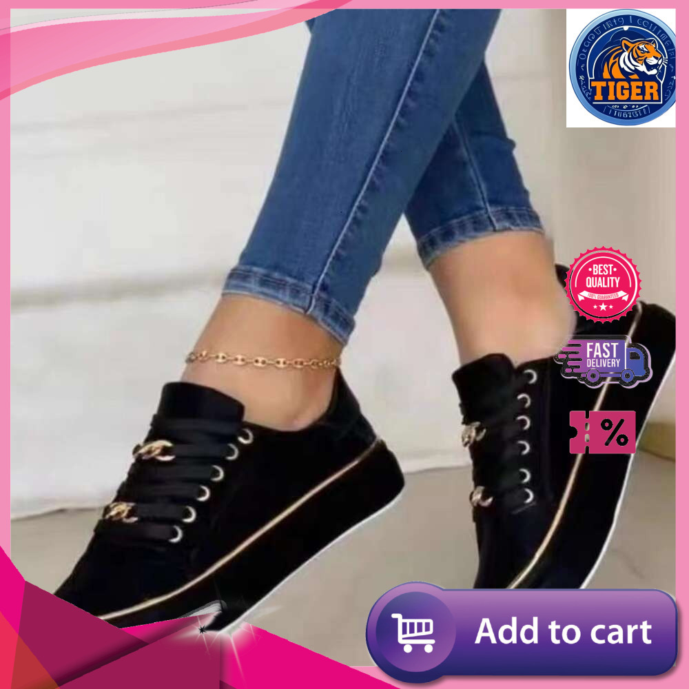 Ddmytiger Daily Ruffled Summer Ladies New Fashion Chain Leather Comfortable Round Toe Platform Sneakers Lace Up Walking Women S Vulcanized Shoes Outdo