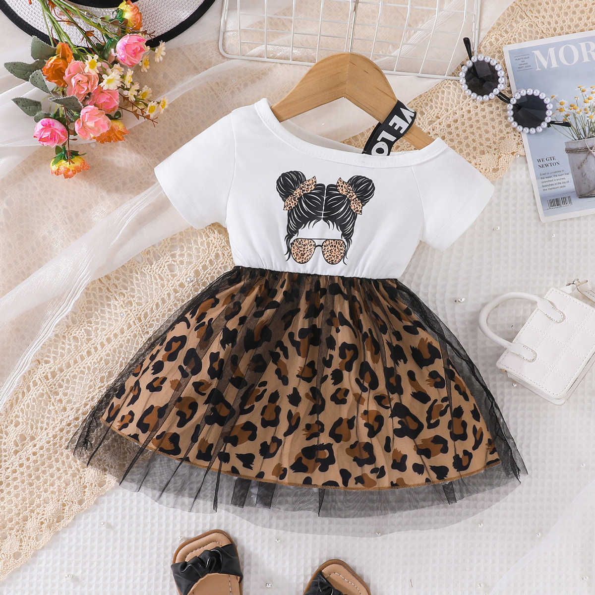 Childrens Summer Baby Girl Dress 2025 New Fashionable Girl Printed Splicing Leopard Mesh Skirt Y2504233epy