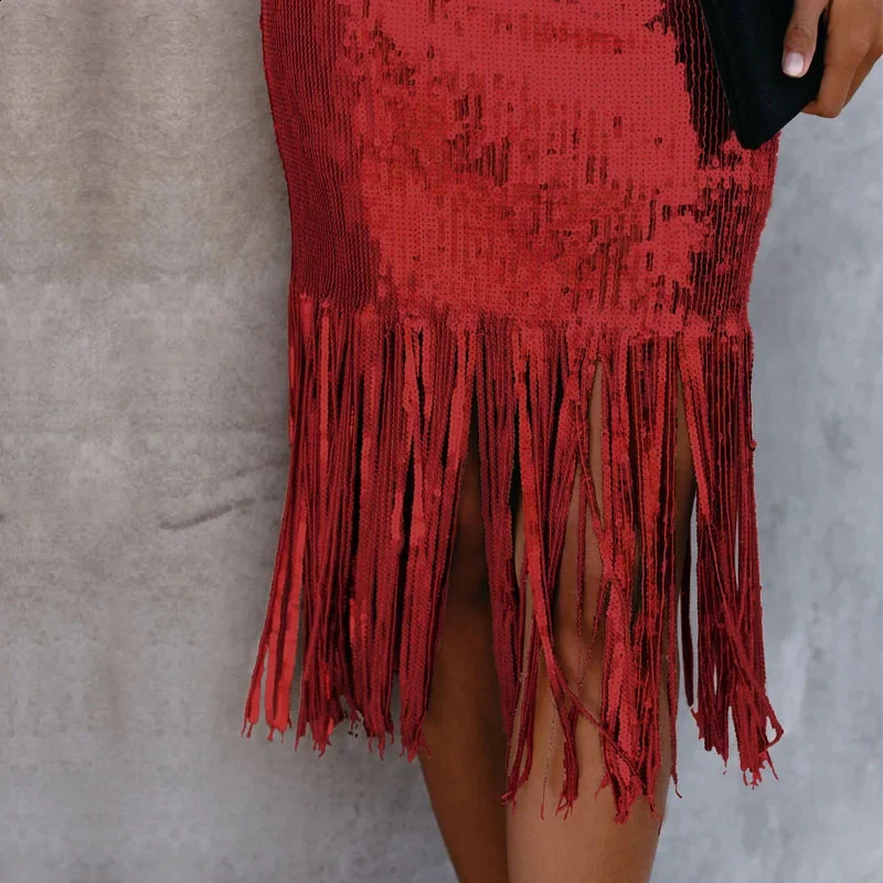 French Chic Sequined Fringe Skirt for Women High Waist Sheath Miniskirt Ladies Sexy Club Dance Rave Party 250421