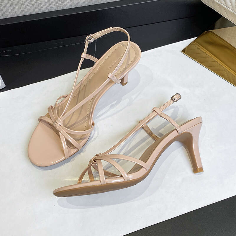 Woman Sandals Summer Internet Celebrity New One Word Buckle Style High Women S Heels Beautiful Bare Color Fine Strap Sandals Versatile