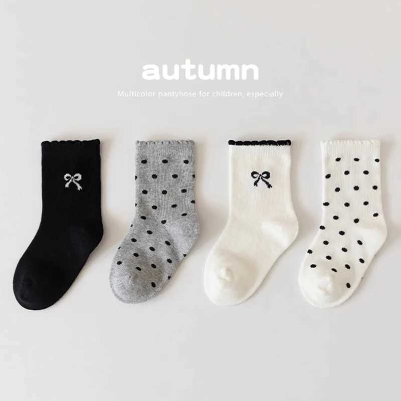 4Pairs Embroidery Bow Socks 3-14Year Girls Polka Dot Stockings Spring Autumn Children Middle Tube Sock Baby Kids Cotton Footwear G251124
