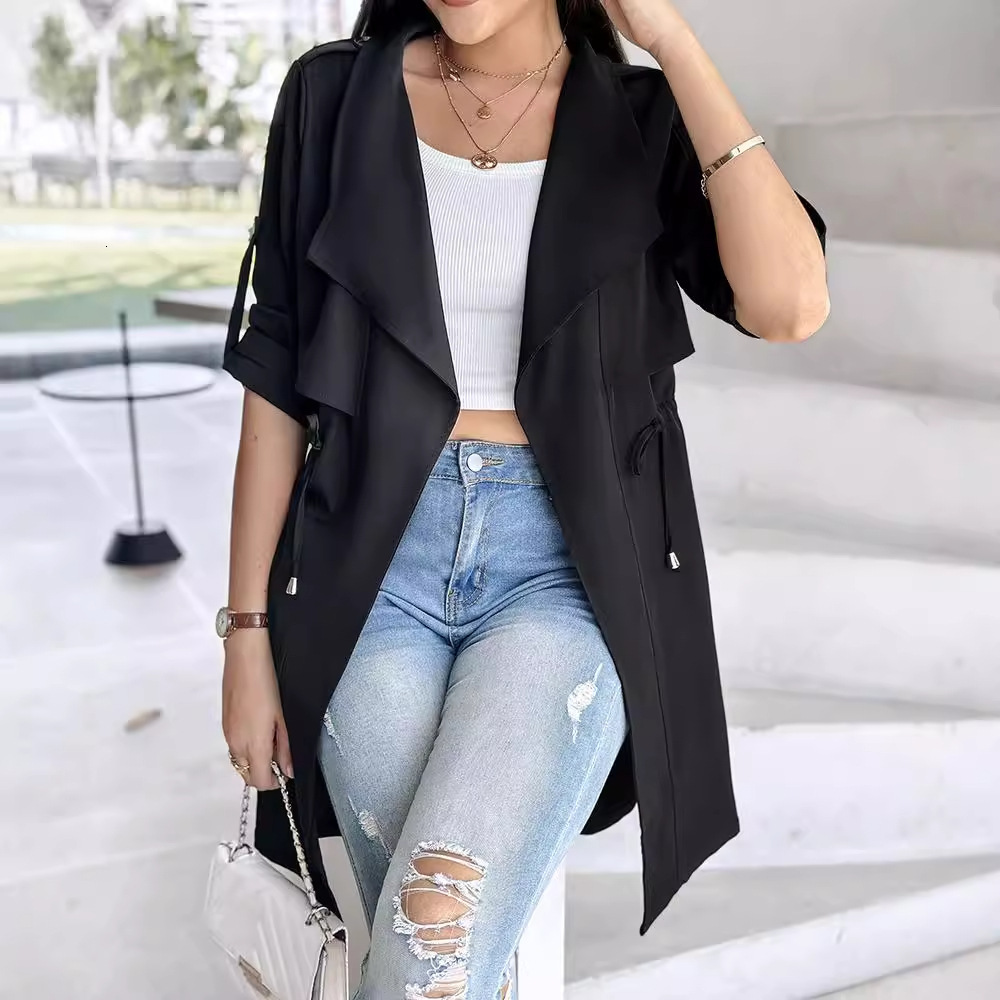 2024 new autumn and winter loose solid color waist cinched sleeve mid length windbreaker jacket womens clothing