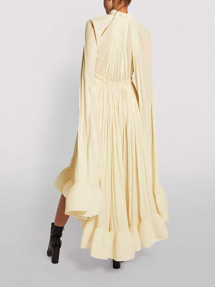 TWOTWINSTYLE Elegant Solid Dresses For Women V Neck Cloak Sleeves High Waist Spliced Lace Up Ruffles Pleated Dress Female Summer