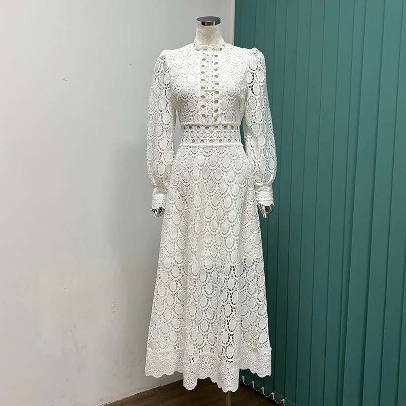 Lace Hollow Out Long Dresses Women 2025 Spring Holiday Full Sleeve Embroidery Elegant Party Vestidos Wedding Robe White