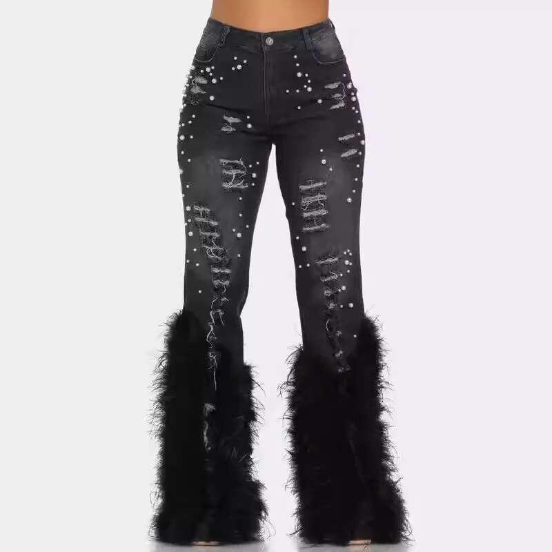 Fashion Women's Jeans Tassel Holes Viage Feather High Waist Y2k Streetwear Casual Denim Pant Spring Skinny Hollow Out Trousers
