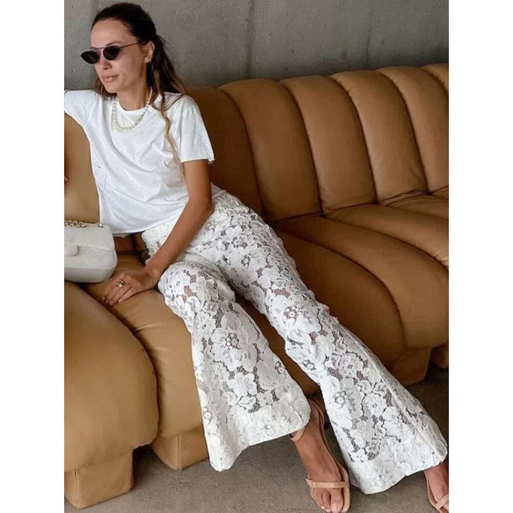 Wolfeel Sexy Perspective White Flare Summer Women Vacation High Waist Long Trousers Lace Beach Style Female Pants 2025