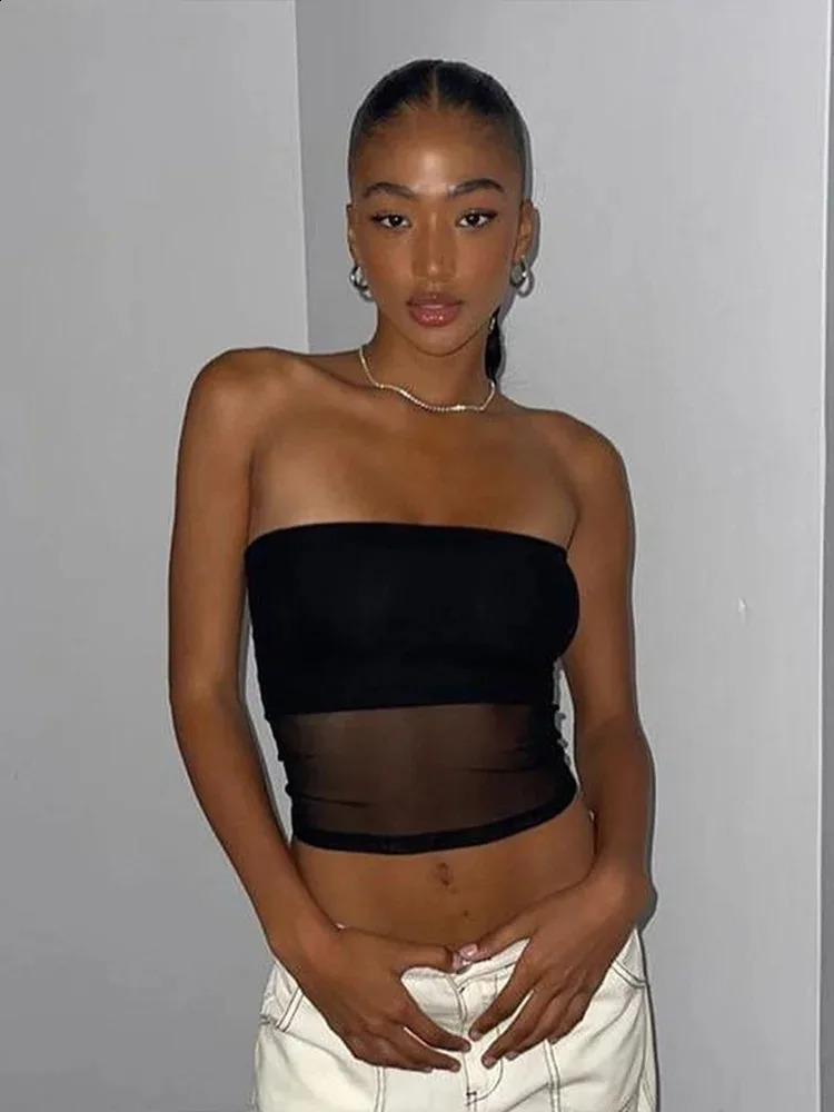 Mesh tight corset black crop top female patch work tube top sexy sleeveless shoulder Cami summer streetwear ultra-thin strapless vest top 250423
