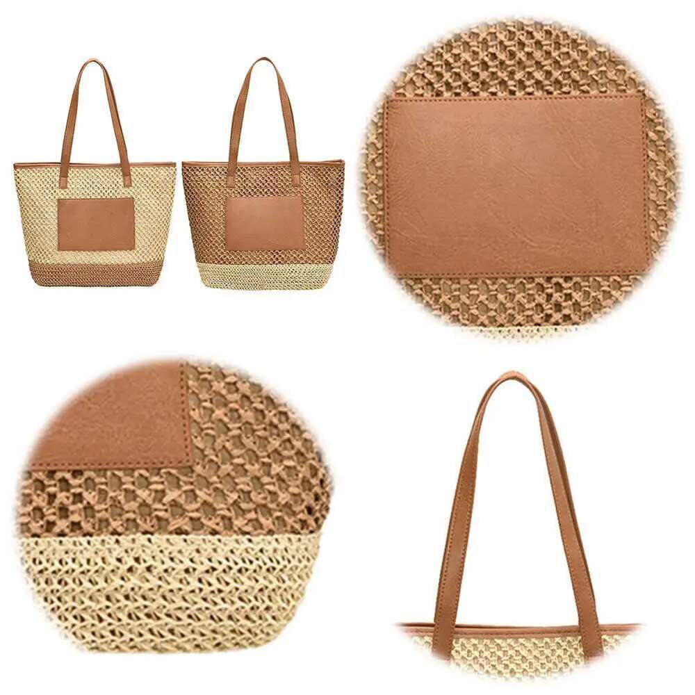 Women Boho Shoulder Large Capacity Straw Tote Contrast Color Crochet Beach Handbag Ladies Summer Daily Bag