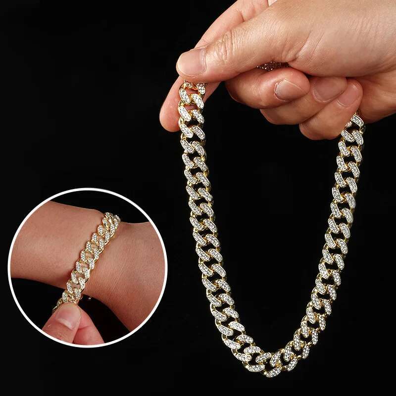 Hip Hop Shiny 12MM Cuban Link Chain Necklace Women Men Silver Color Rhinestone Iced Out Cuban Chain Punk Jewelry Necklace Gift