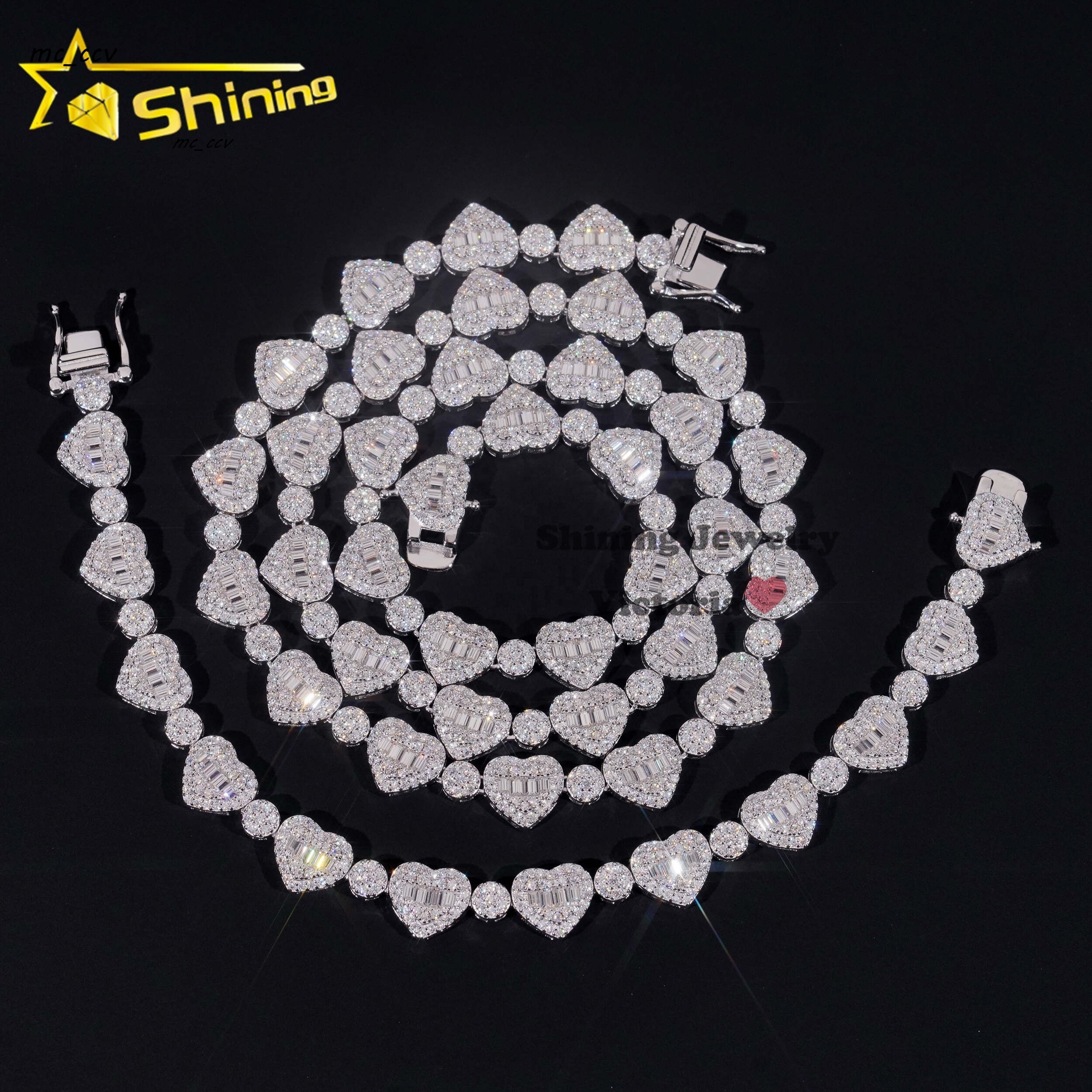 GRA Pass Diamond Tester S925 Moissanite Necklace Iced Out 8MM VVS Baguette Moissanite Diamond Heart Shaped Tennis Chain Bracelet