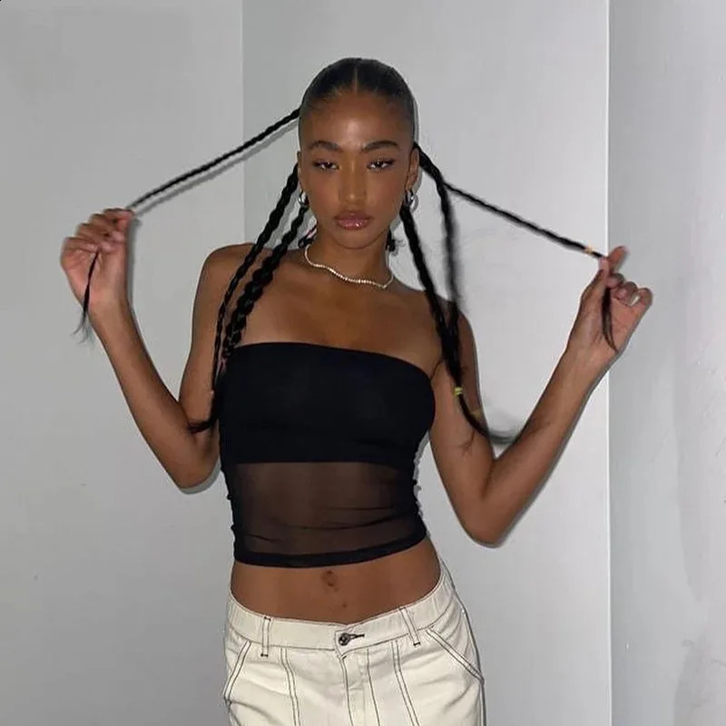 Mesh tight corset black crop top female patch work tube top sexy sleeveless shoulder Cami summer streetwear ultra-thin strapless vest top 250423