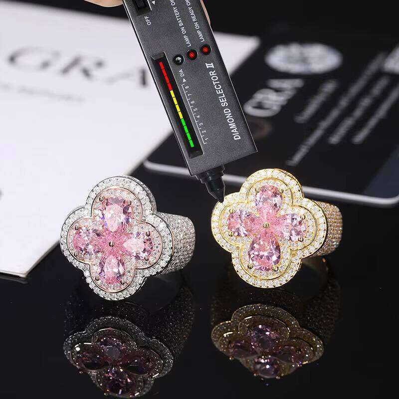 Pass VVS Moissanite Tester S925 Sterling Silver Red Flower Design Iced Out VVS Silicon Stone Men's Ring and GRA Rapper Hip Hop Jewelry d4