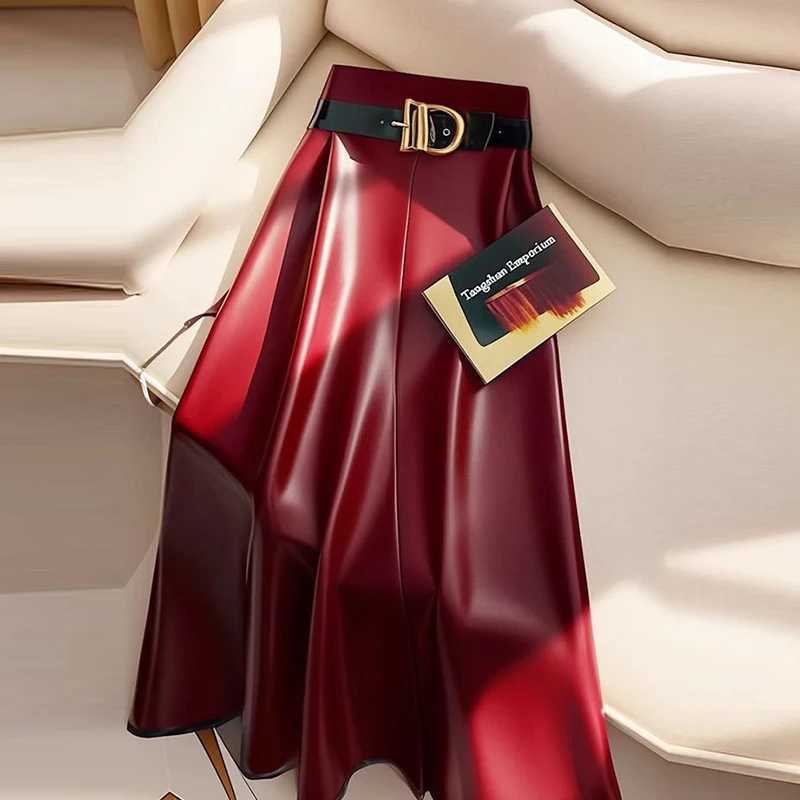 High end goddess style high-end red PU womens skiing new leather midi skiing medium length umbrella skiing M250424