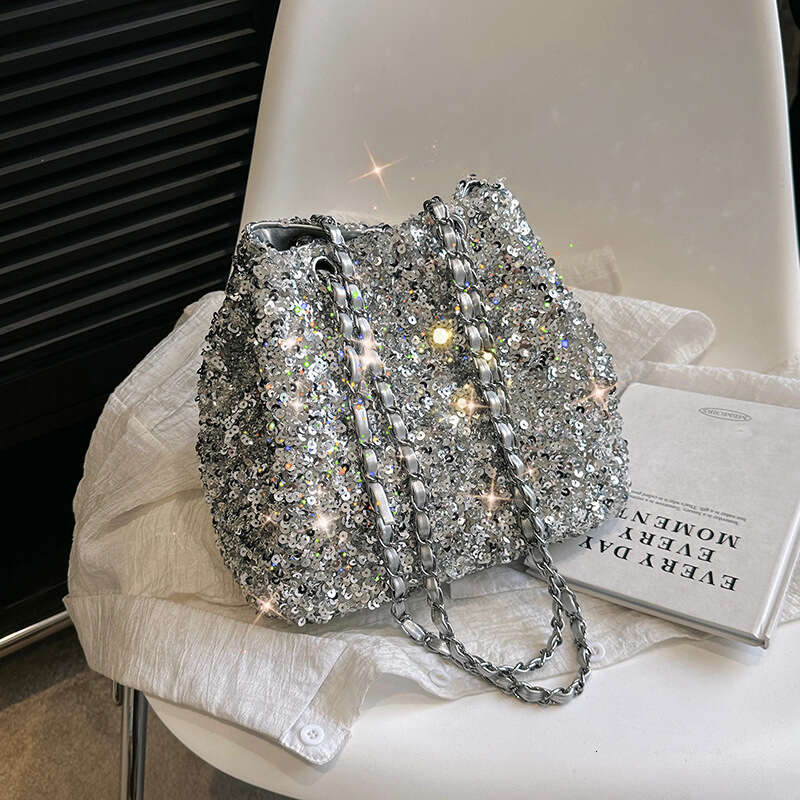Fashionable Glitter Bucket Bag, Stylish Banquet, Trendy Texture Chain Shoulder Crossbody Bag