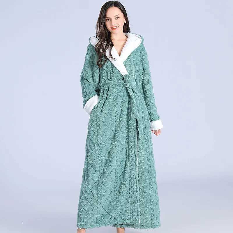 Women Men Thermal Luxury Flannel Extra Long Bath Robe Winter Sexy Jacquard Bathrobe Warm Kimono Dressing Gown Hooded Robes C251124