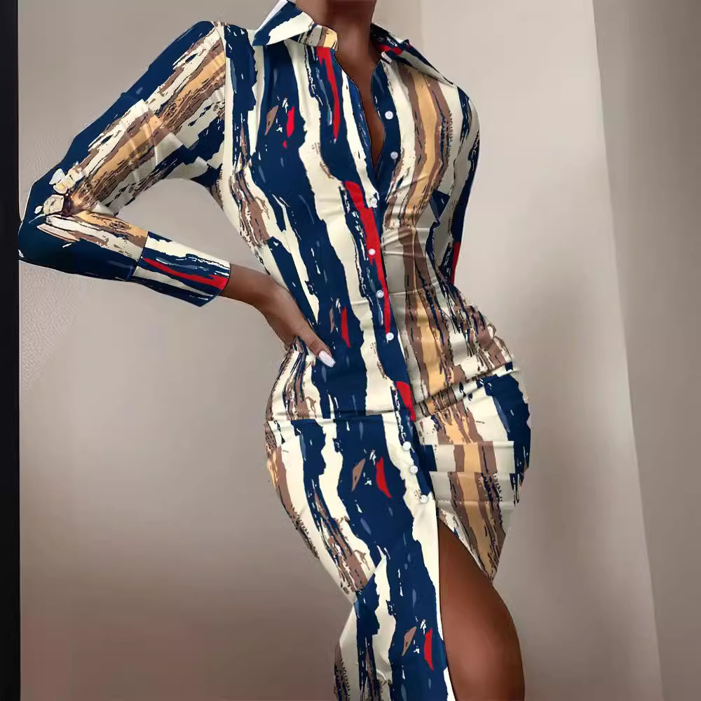 2021 autumn long sleeve V-neck waist print dress shirt skirt women
