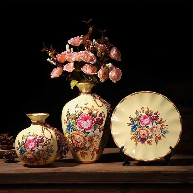 3Pcs/Set Ceramic Vase Dried Flowers Arrangement Wobble Plate Living Room Entrance Ornaments Home Decorations C251124