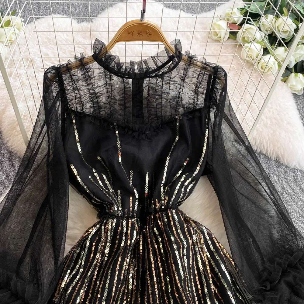 TWOTWINSTYLE Spliced Ruffles Midi Dresses For Women O Neck Long Sleeve High Waist Evening Party Dress Female Fashion Kdr524944