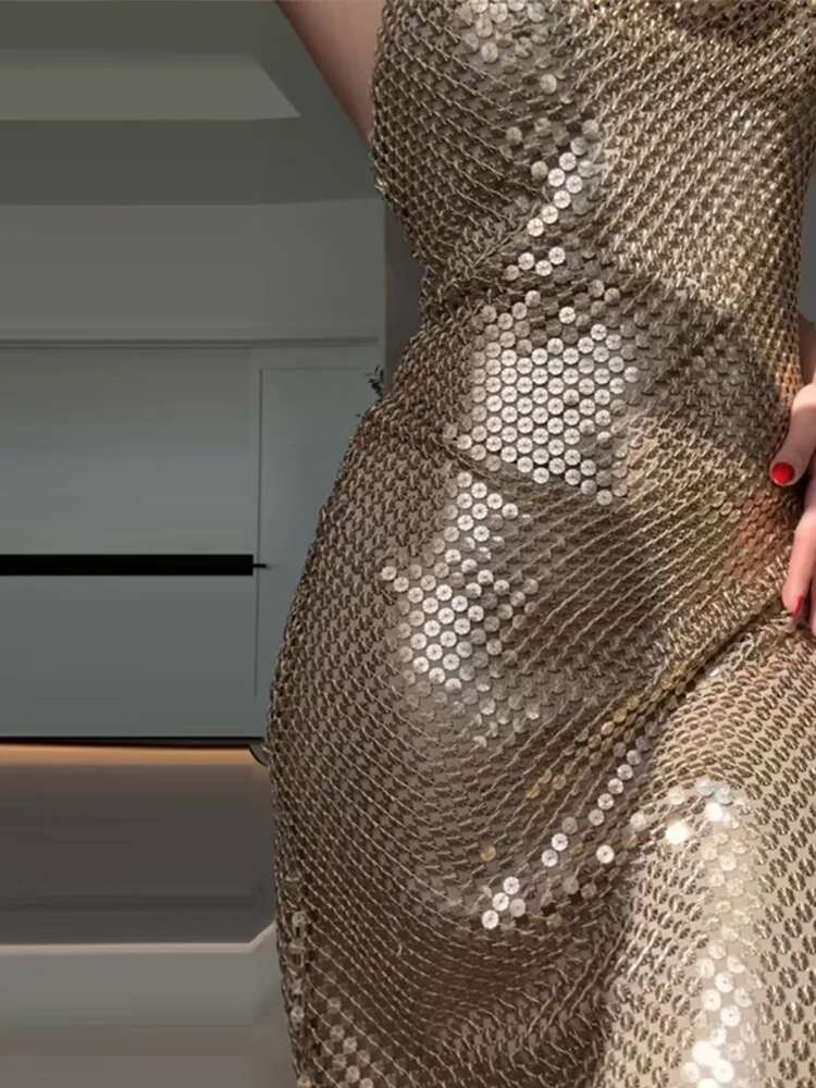 Backless Sequin Halter Maxi Dress Women Sexy V-Neck Long Dresses Female High Waist 2024 Party Evening Club Lady Sleeveless Robes