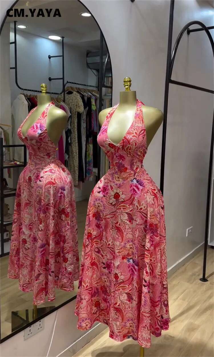 Cm.Yaya Women Paisley Printed Halter Neck Backless Sleeveless Fit And Flare Long Maxi Dress 2025 Chic Birthday Vestidos Dresses