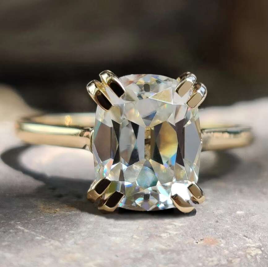2.29 CT Elongated Cushion OEC Cathedral Set 14K Gold Moissanite Solitaire Ring