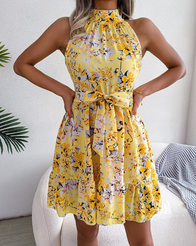 2024 Summer Sleeveless Floral Hanging Neck Waist Dress for Women