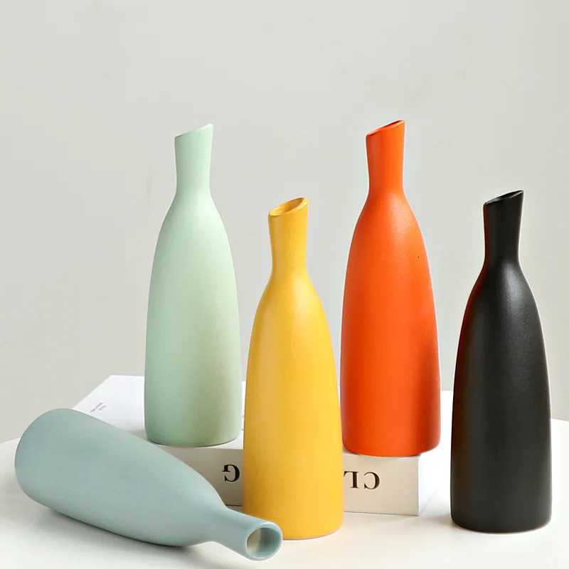 Solid Color Ceramic Vase Ins Small Diameter Vase Ornaments Light Luxury Dining Table Living Room Dried Flowers Flower Set C251124