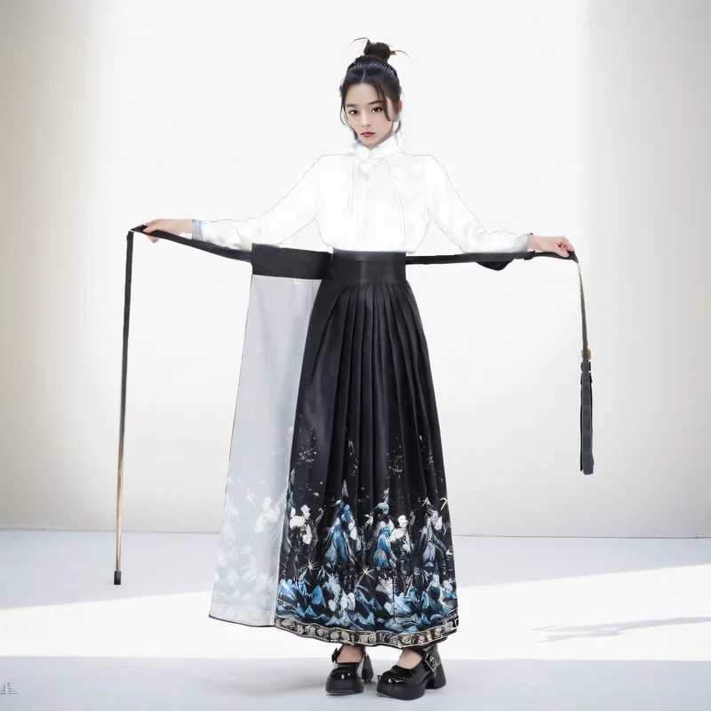 Retro Maxi Chinese horse faced womens clothing Saia one-piece long Hanfu pleated womens clothing Faldas Harajuku M250424