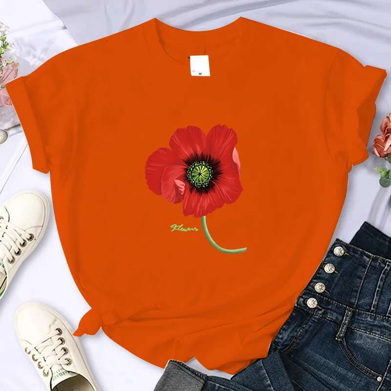 Brand Flower For Women's High-Quality Summer Printing T-shirt 100% Cotton Casual Oversized Y2k Personality Sleeve O-neck