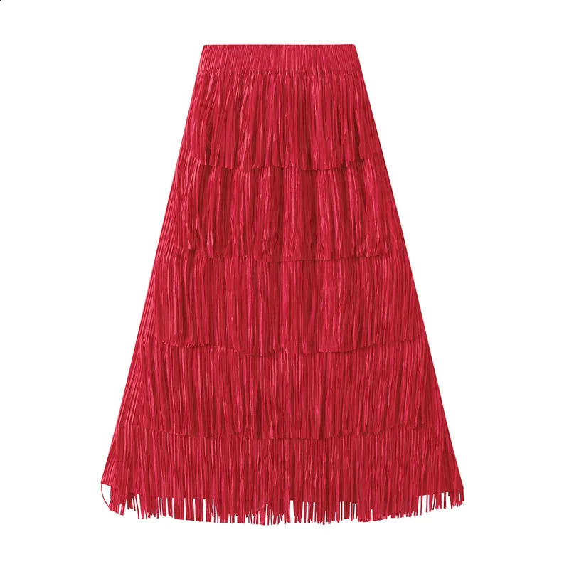 In 2025 Women Trendy Tassel Elegant Long Skirt Female Summer Korean Fashion High Waist A-line Red Skirts 250421