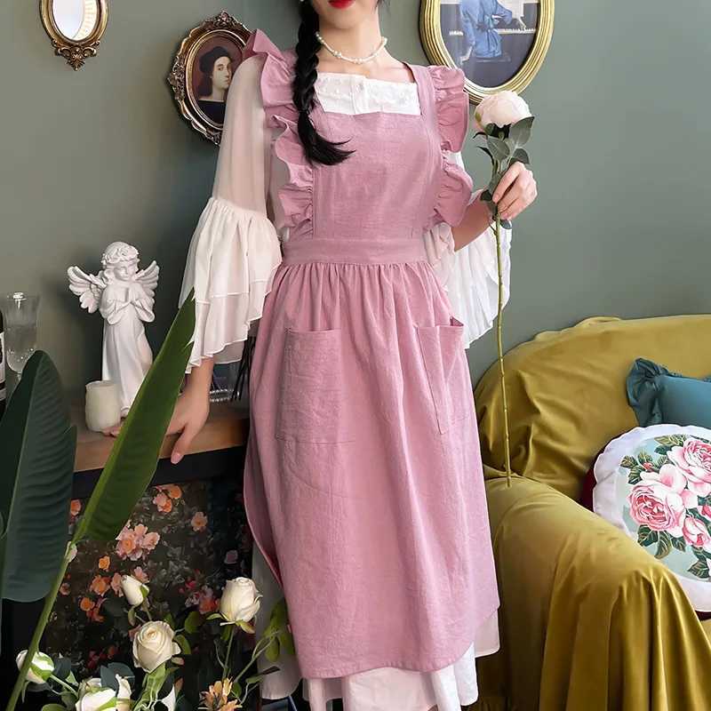 Cross Back Apron Kitchen Apron Ruffled with Pockets for Chef Gardening Pink Work Women with Big Pinafore Dress Cooking Baking C251124