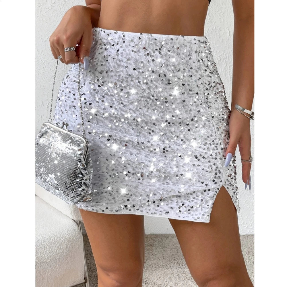 Plus size womens elegant sequin mini skirt elastic polyester opaque white perfect for all seasons 250417