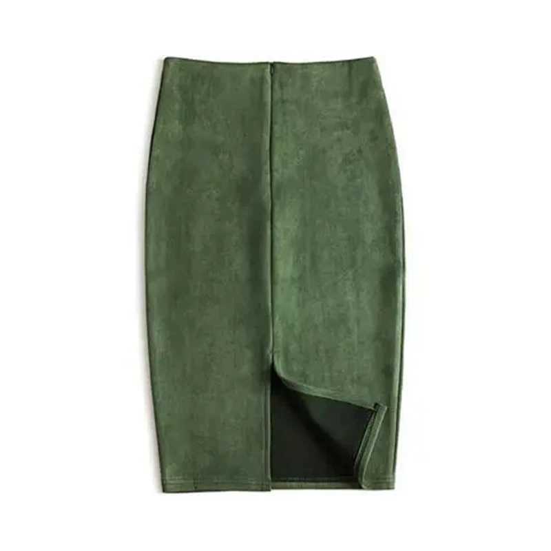 Winter sexy Bodycon suede leather 2025 fashionable knee long high waist office skirt Korean womens elegant ultra-thin pencil skirt M250424