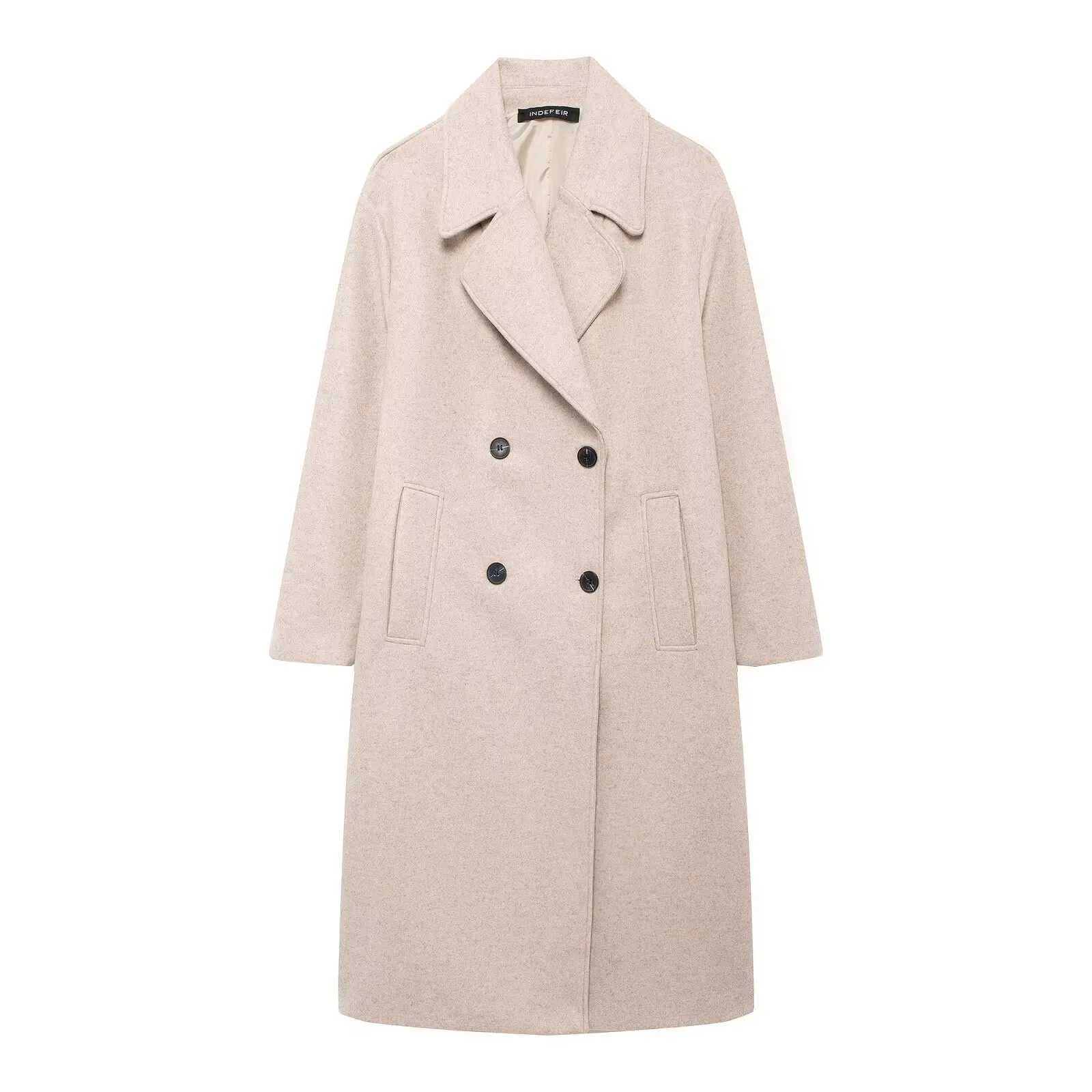 TRAFZA Women Winter Casual Wool Blend Notched Lapel Collar Coat Chic Double-breasted Trench Coats Oversized Female Long Jackets J251124