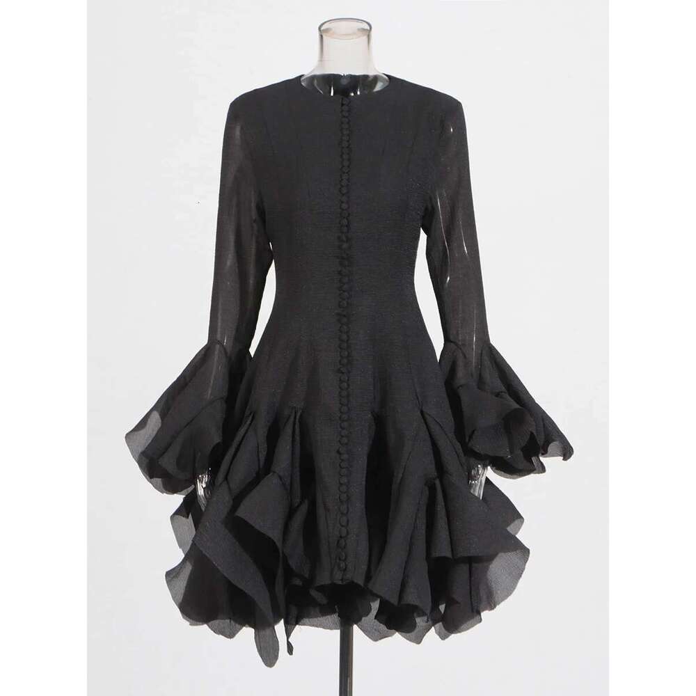 TWOTWINSTYLE Women's Dress Irregular Pleated Patchwork Fashion Long Lantern Sleeve Waist Cinching Mini Dresses 2024 New Clothing