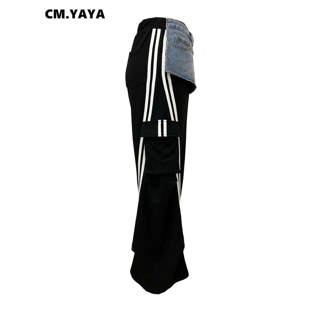 Cm.Yaya Fashion Women Denim Patchwork Pocket Side Wide Leg Loose Jogger Pants 2024 Active Jean Splicing Sweatpants Trousers