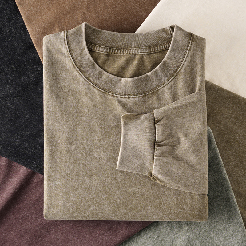 Men's Threaded Long Sleeved Pure Cotton Men's T-Shirt Trend Gradient Color Loose Autumn Round Neck Top Base Shirt luanyun