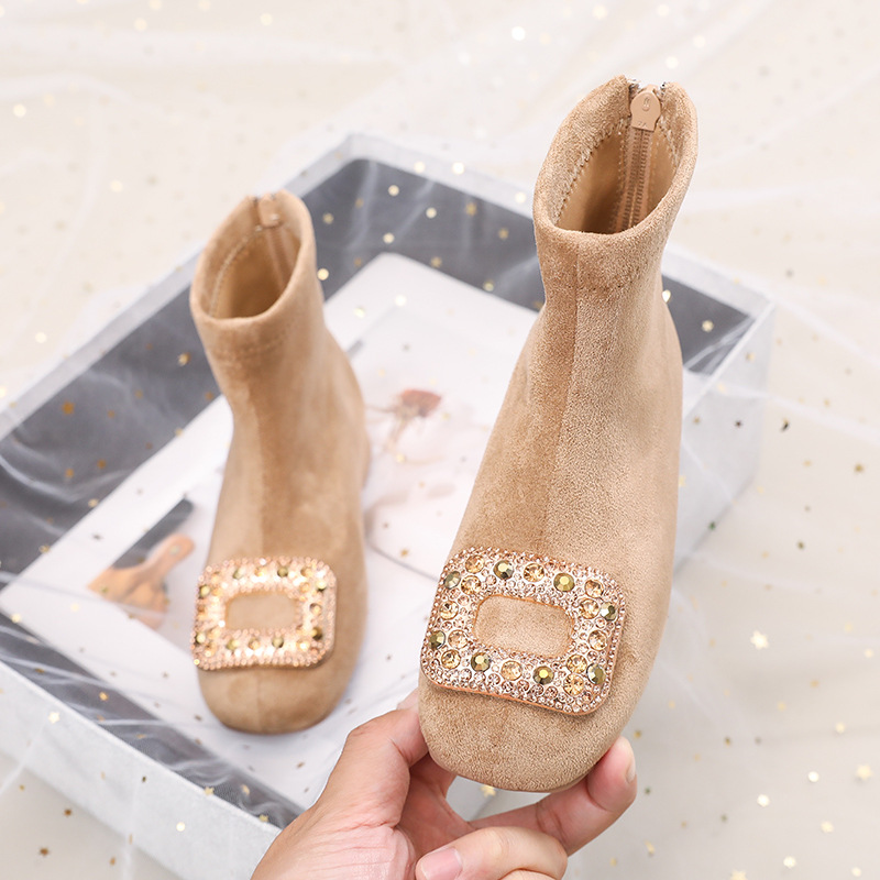 2025 New Style Girls' High-heeled Shiny Square-toe Short Boots with Rhinestone Buckles Warm Plush Fashion Boots for Autumn and Winter