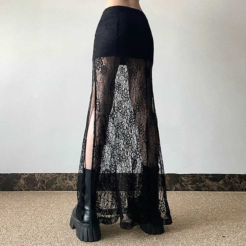 Goth Dark lace patch long shopping center Gothic Coquette high waist body Skirts sexy transparent hem split bottom elegant M250424