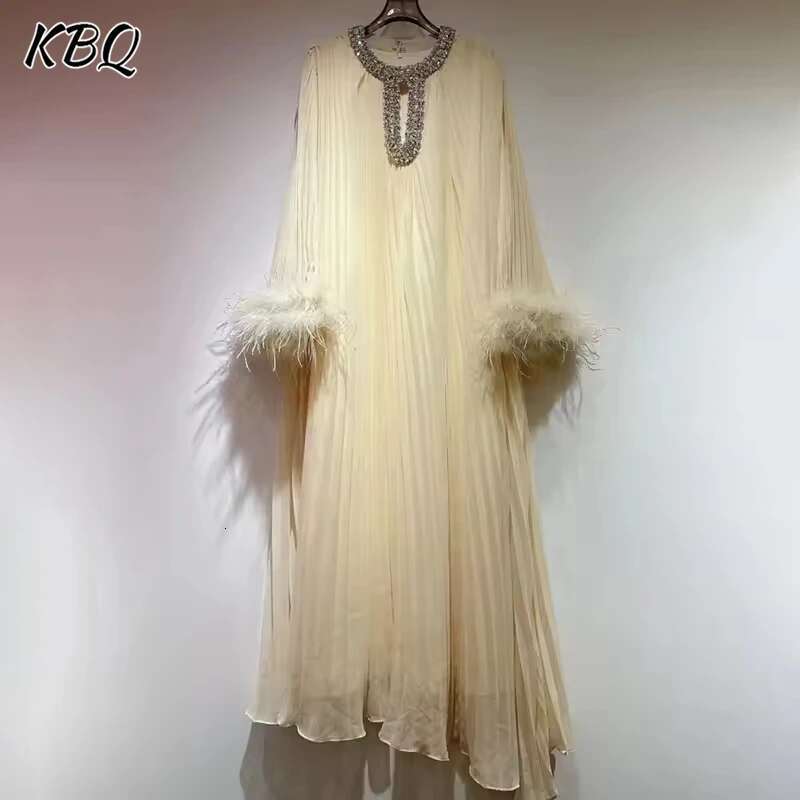 KBQ Solid Patchwork Feather Evening Dress For Women Round Neck Spliced Dias Long Sleeve Loose Design Sense Dresses Female
