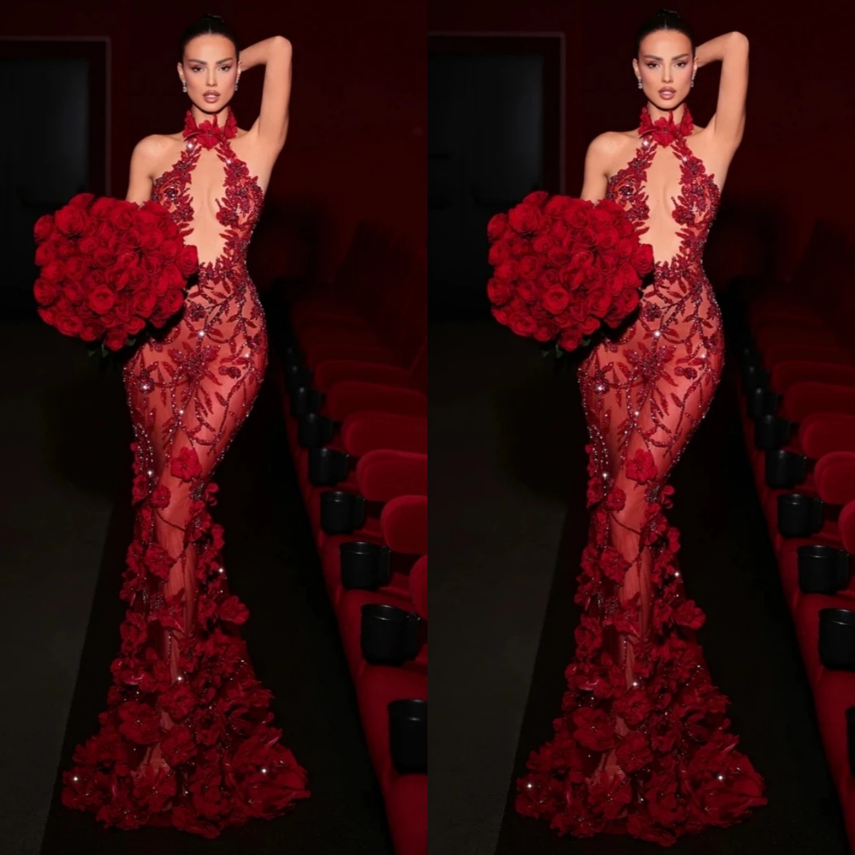 Stylish Evening Dresses Halter Prom Gowns 3D Appliques Flowers Illusion See Through Beads Customized Formal Occasion Party Dress Vestidos de noche