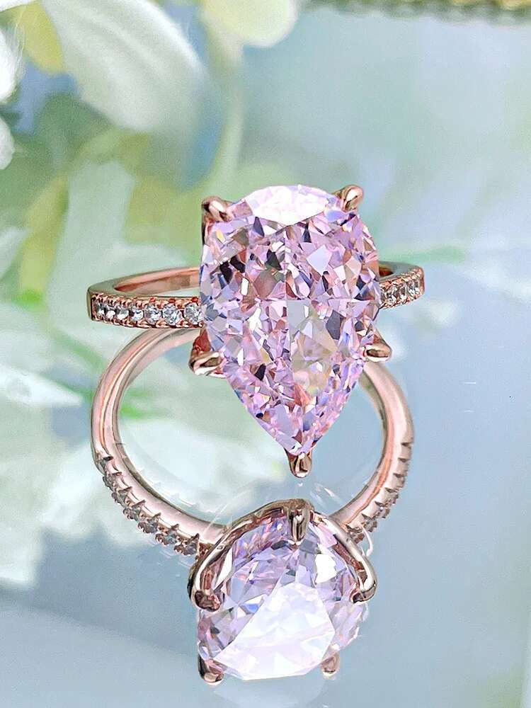 Fashionable niche high-endversatile 925 sterling silver droplet pink diamond ring inlaid with high carbon diamond temperament