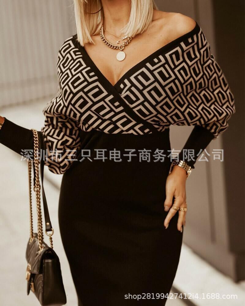 Aw2021 V-neck geometric print tight bag hip medium length dress women