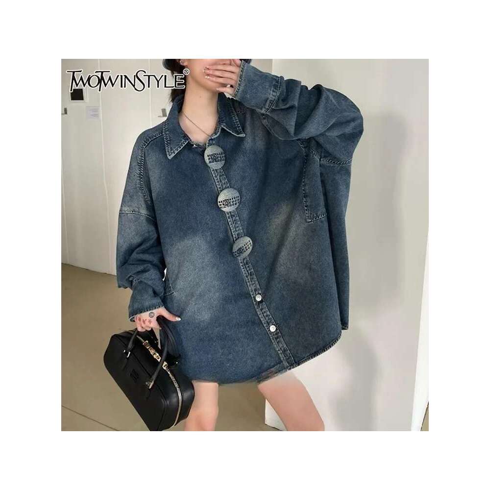 TWOTWINSTYLE Solid Patchwork Designer Chic Denim Jackets For Women Lapel Long Sleeve Spliced Button Loose Coats Female Fashion