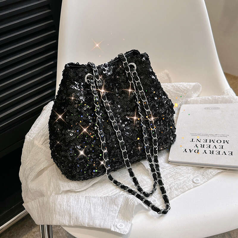 Fashionable Glitter Bucket Bag, Stylish Banquet, Trendy Texture Chain Shoulder Crossbody Bag