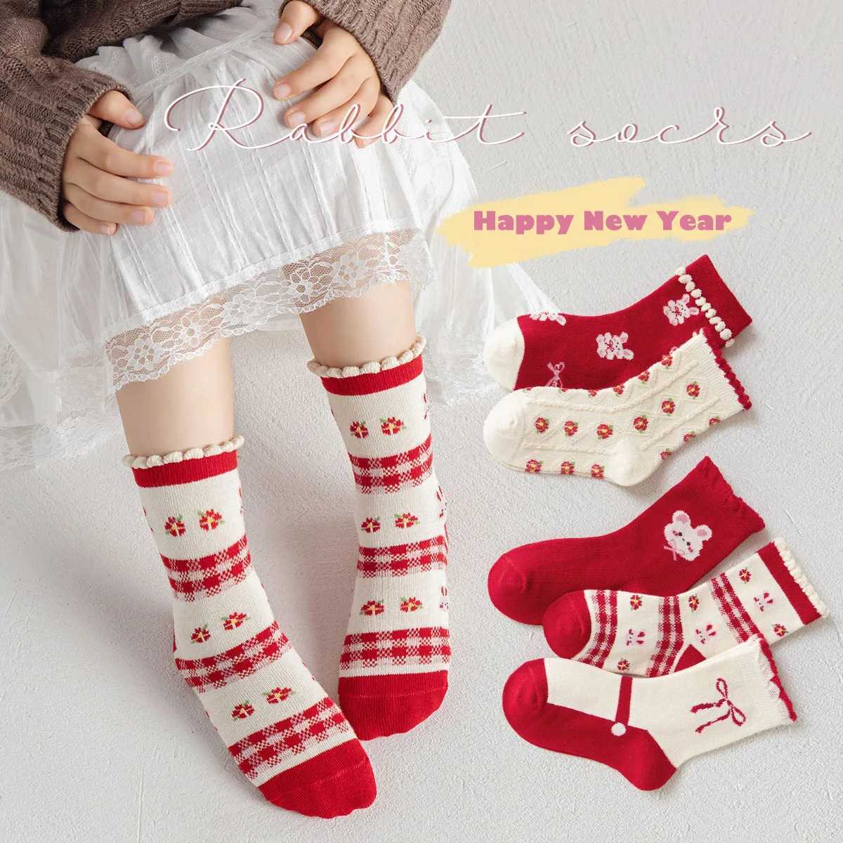 Girls Socks Autumn Winter Red Garden Bunny Socks Medium Socks 1-12Y Childrens Cotton Socks baby Ruffle Socks G251124