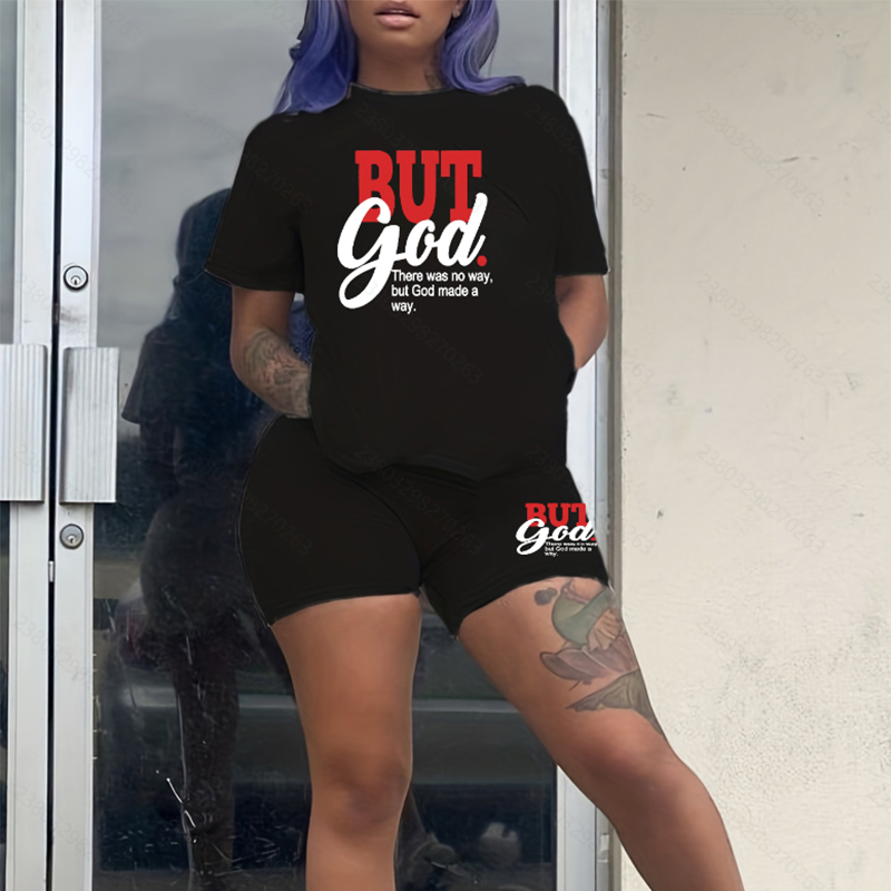 Women's Jumpsuits & Rompers Plus Size "But God" Faith-Inspired Graphic 2-Piece Set - Loose Fit T-Shirt and Shorts for Women A8010