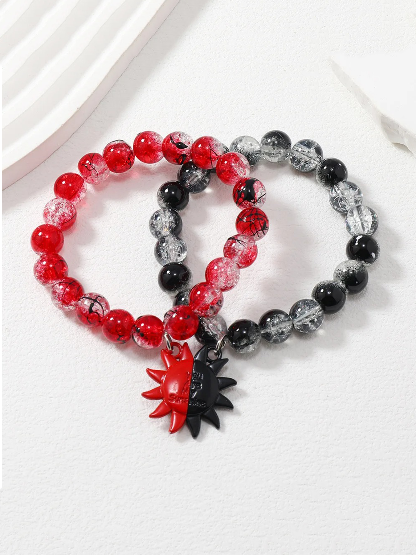 Couple - style Crackle Glass Bead Bracelets with Heart - shaped Pendant